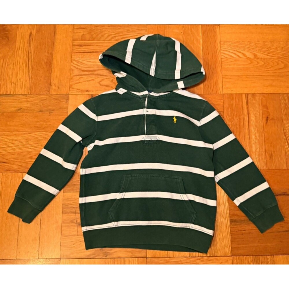 Polo Ralph Lauren Boys Size 5 Green & White Striped Pullover Hoodie